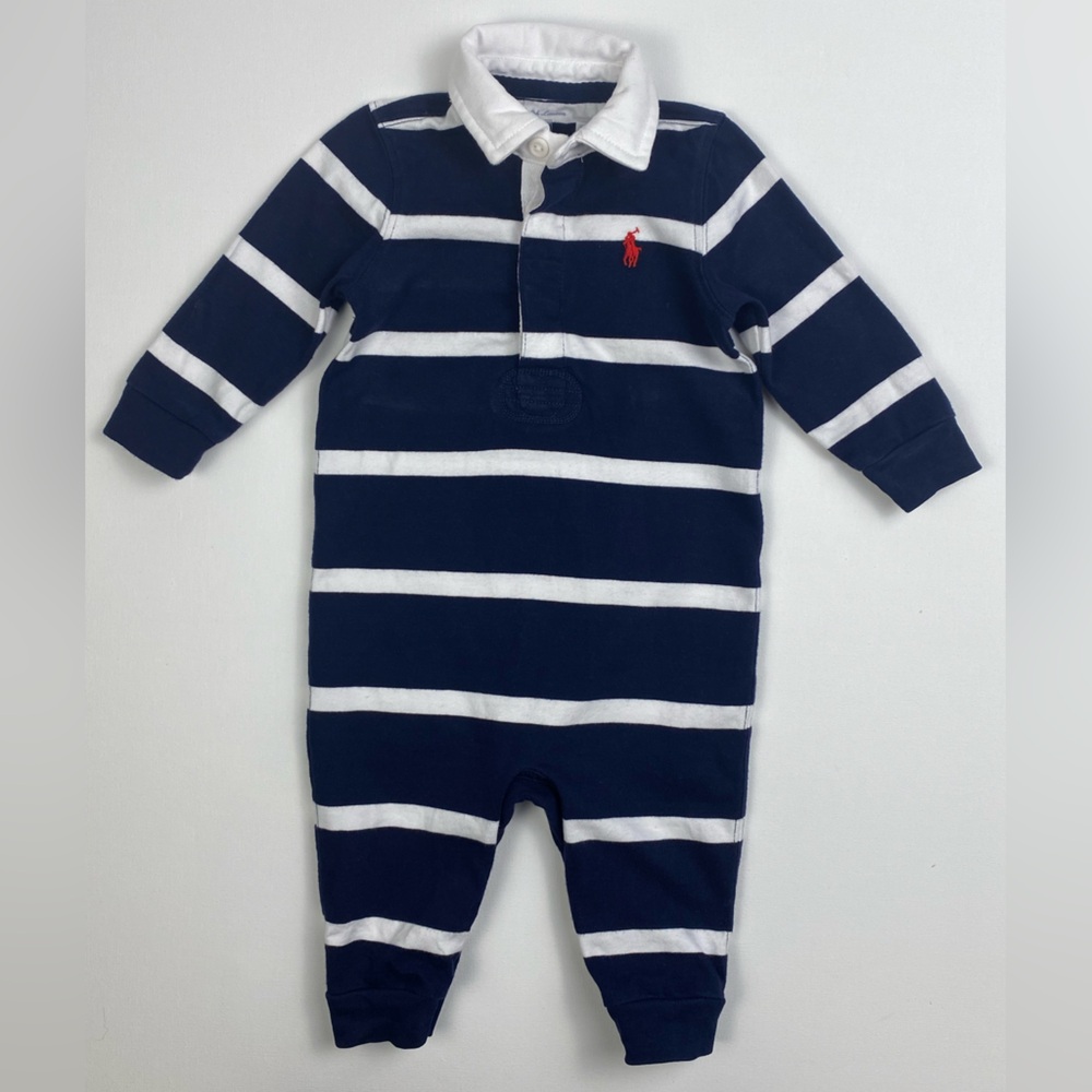 Ralph Lauren Navy White Long-Sleeve Rugby Jumpsuit size 6 Months